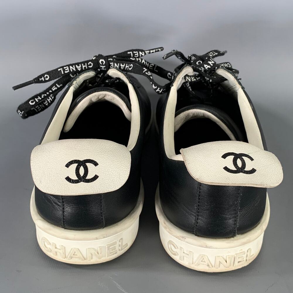 CHANEL Size 9 Black White Solid Leather Vulcanized sole Sneakers - Picture 3 of 9